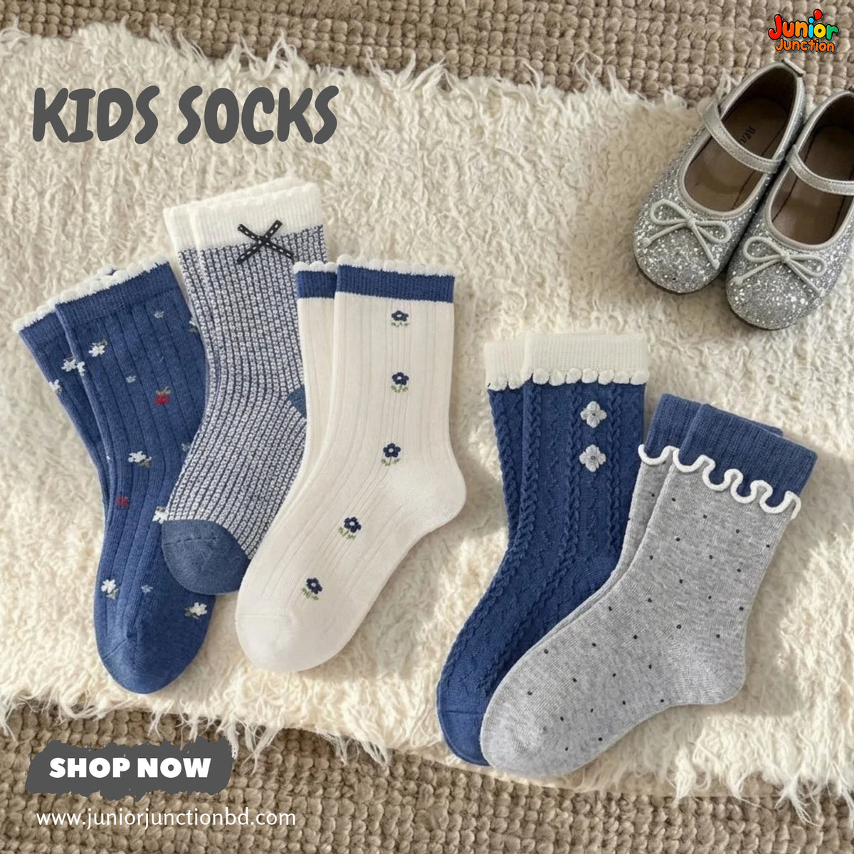 💙 Classic Blue & Floral Frill 5-Pair Premium Sock Set