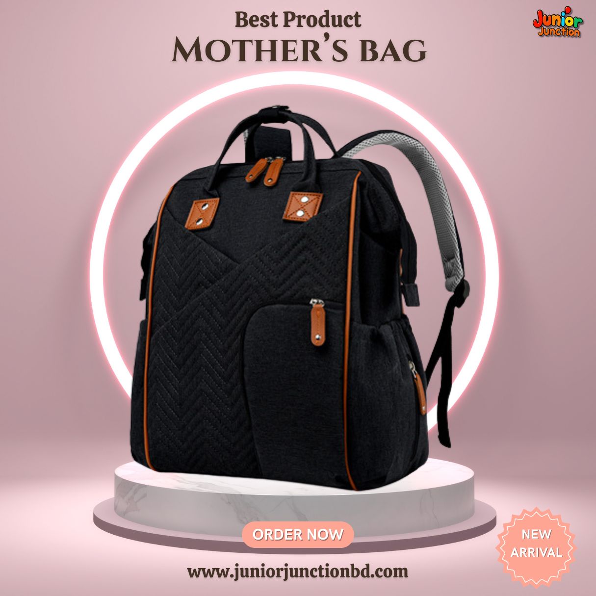 Quilted Elegance Multi-Function Mother's Bag – Midnight Black & Cognac (42cm)