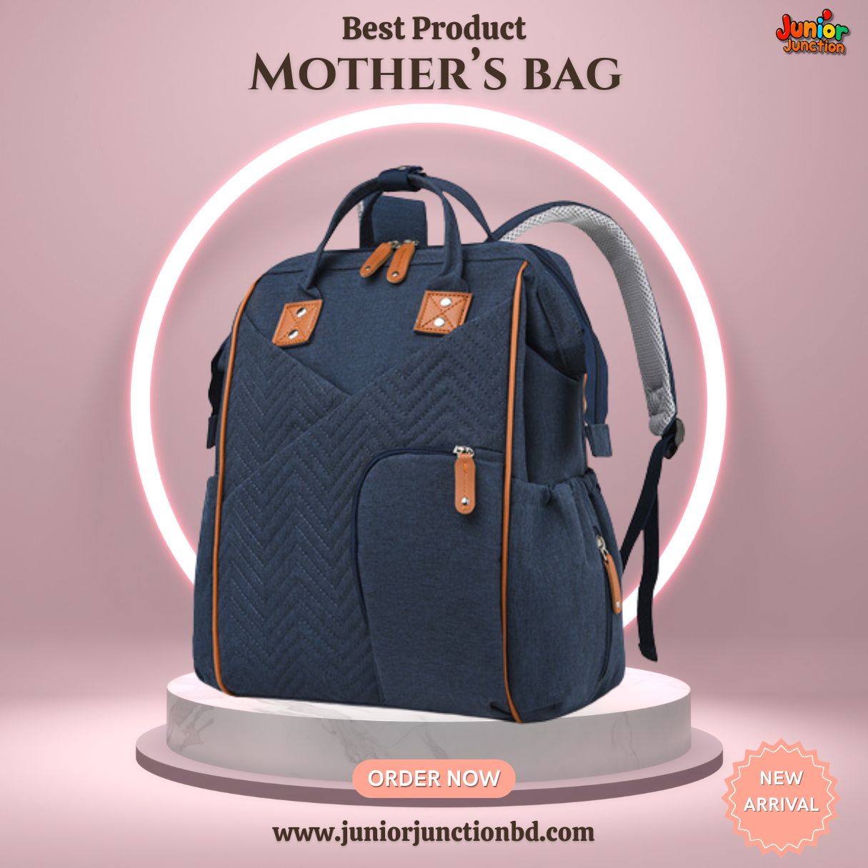 Quilted Elegance Multi-Function Mother's Bag – Navy Blue & Cognac (42cm)