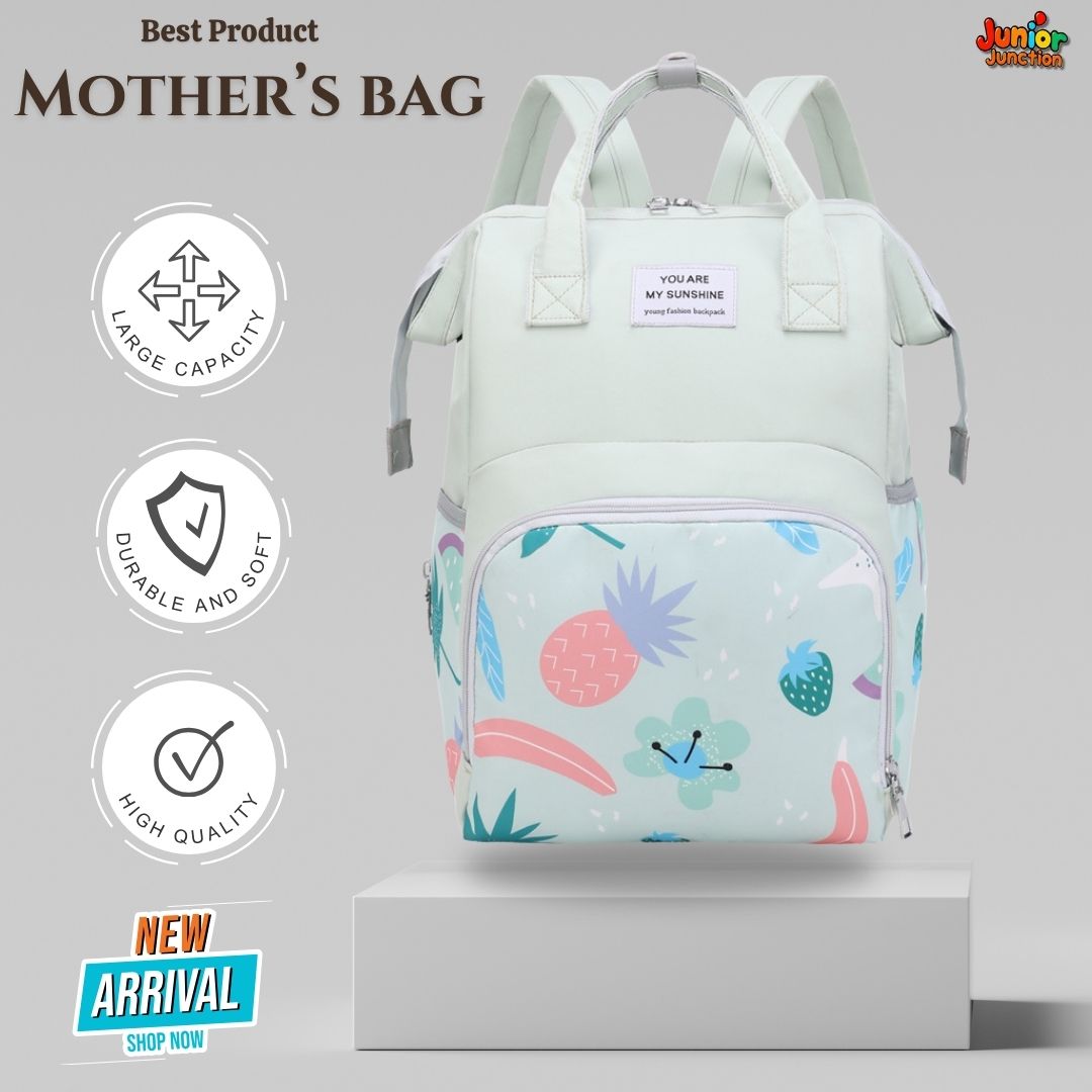 🎒 Multi-Function Mother’s Bag – Pastel Mint & Tropical Fruits Design