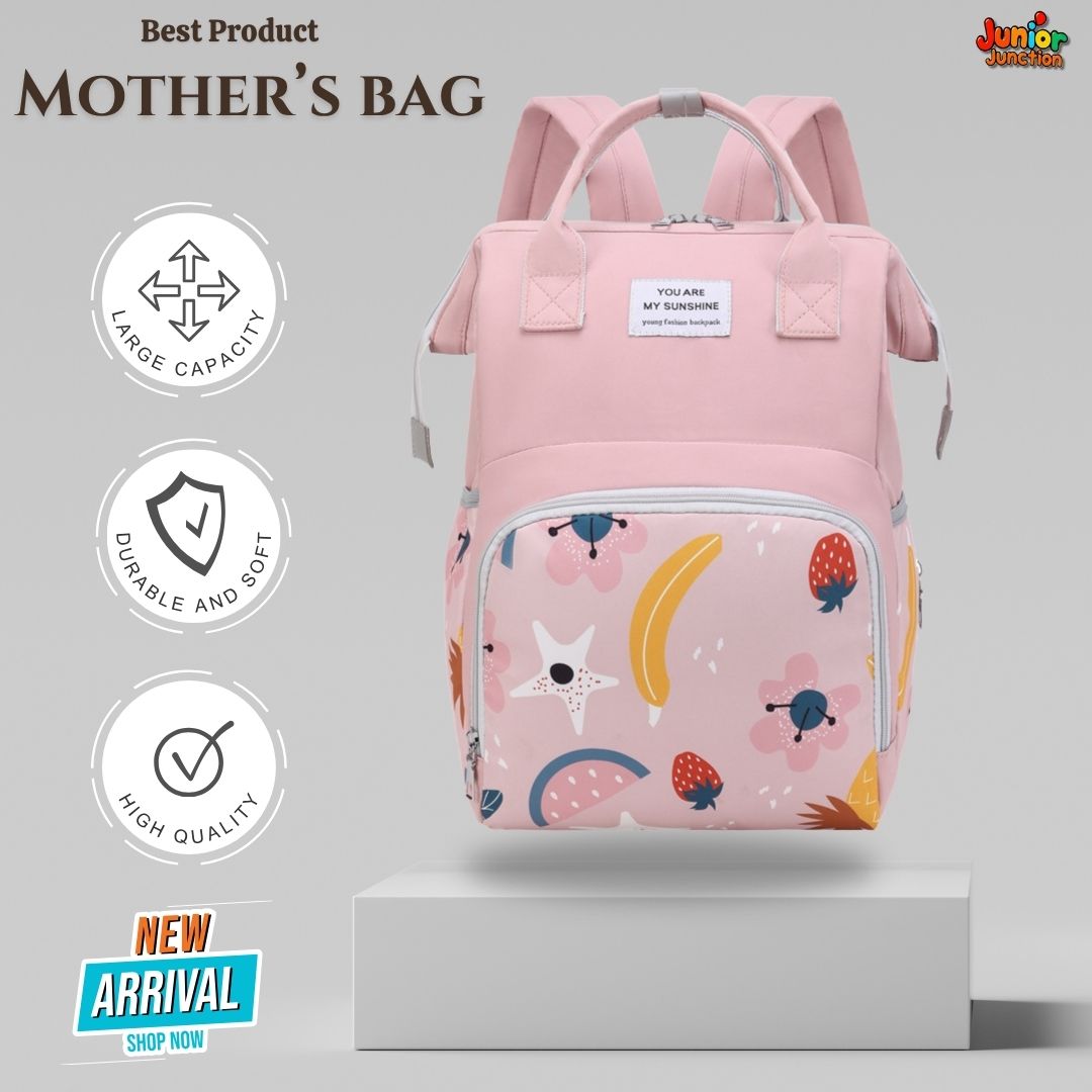🎒 Multi-Function Mother’s Bag – Pastel Pink & Summer Fruits Design