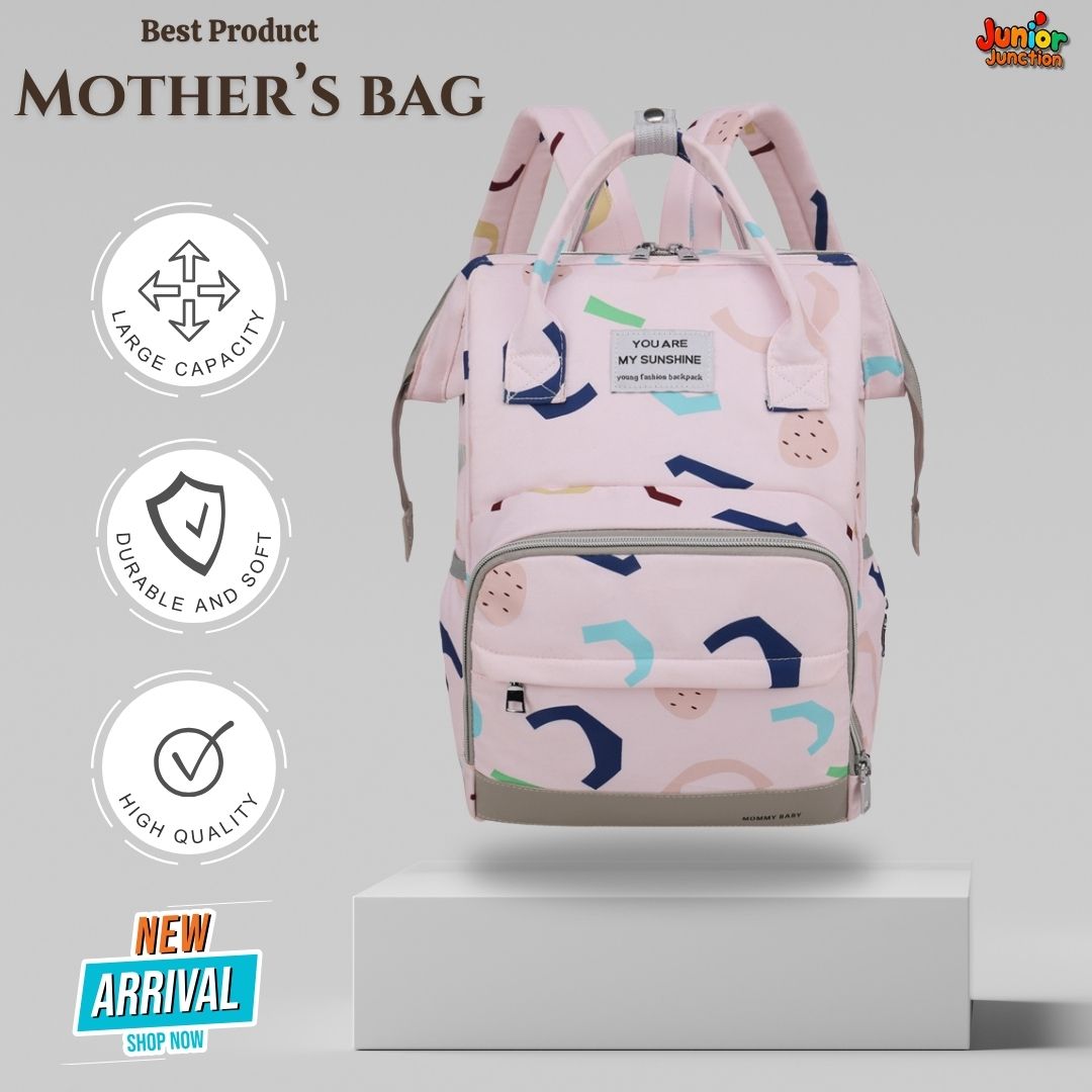 🎒 Multi-Function Mother’s Bag – Pastel Pink & Abstract Geometry