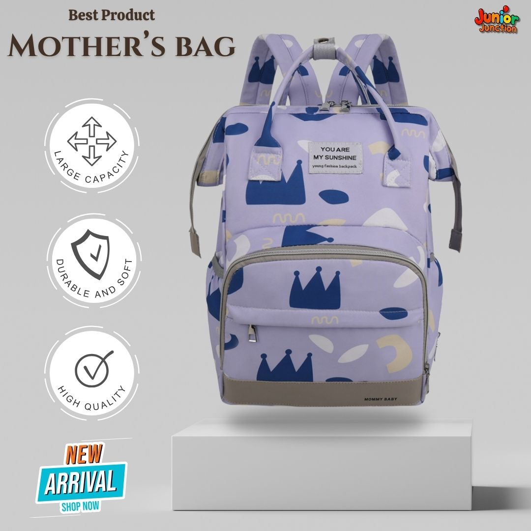 🎒 Multi-Function Mother’s Bag – Pastel Purple & Royal Crown Print