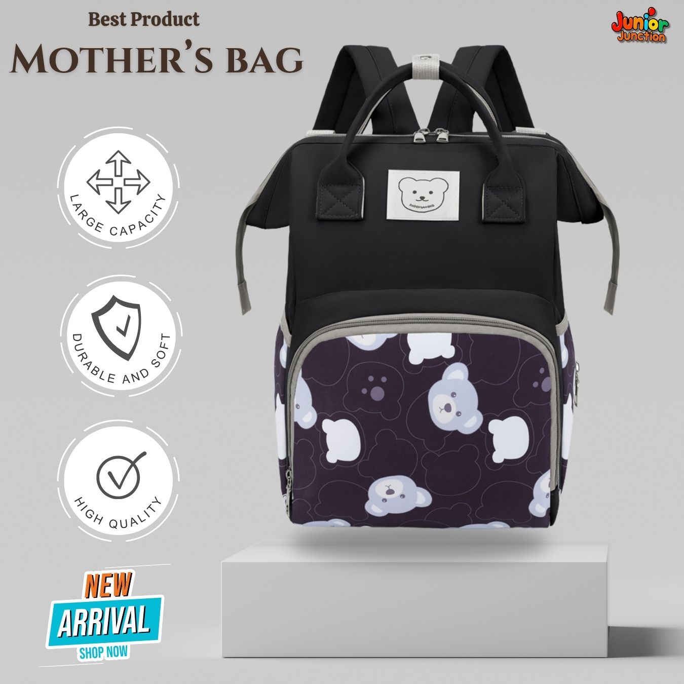 🐻 Midnight Teddy Multi-Function Mother’s Bag – Sleek Black (40cm)
