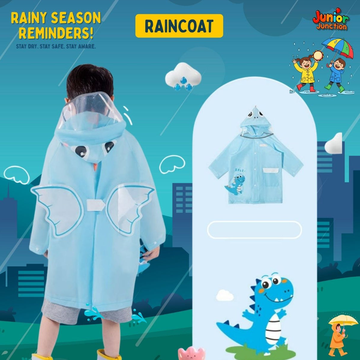 Friendly Dino Blue Kids Raincoat