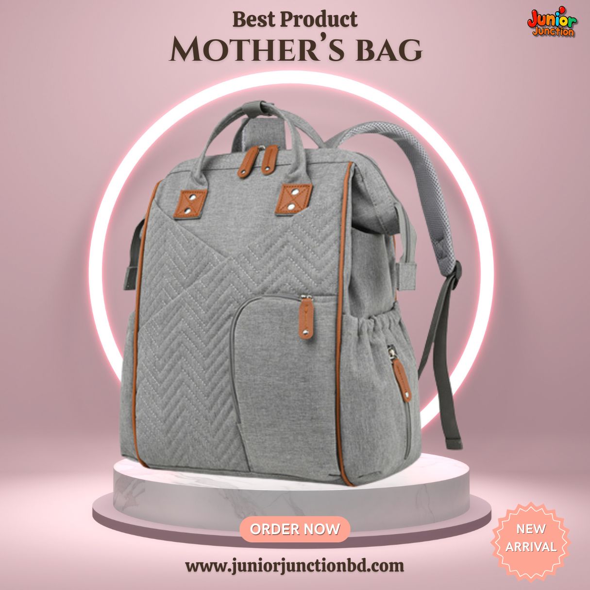 Quilted Elegance Multi-Function Mother's Bag – Slate Grey & Cognac (42cm)