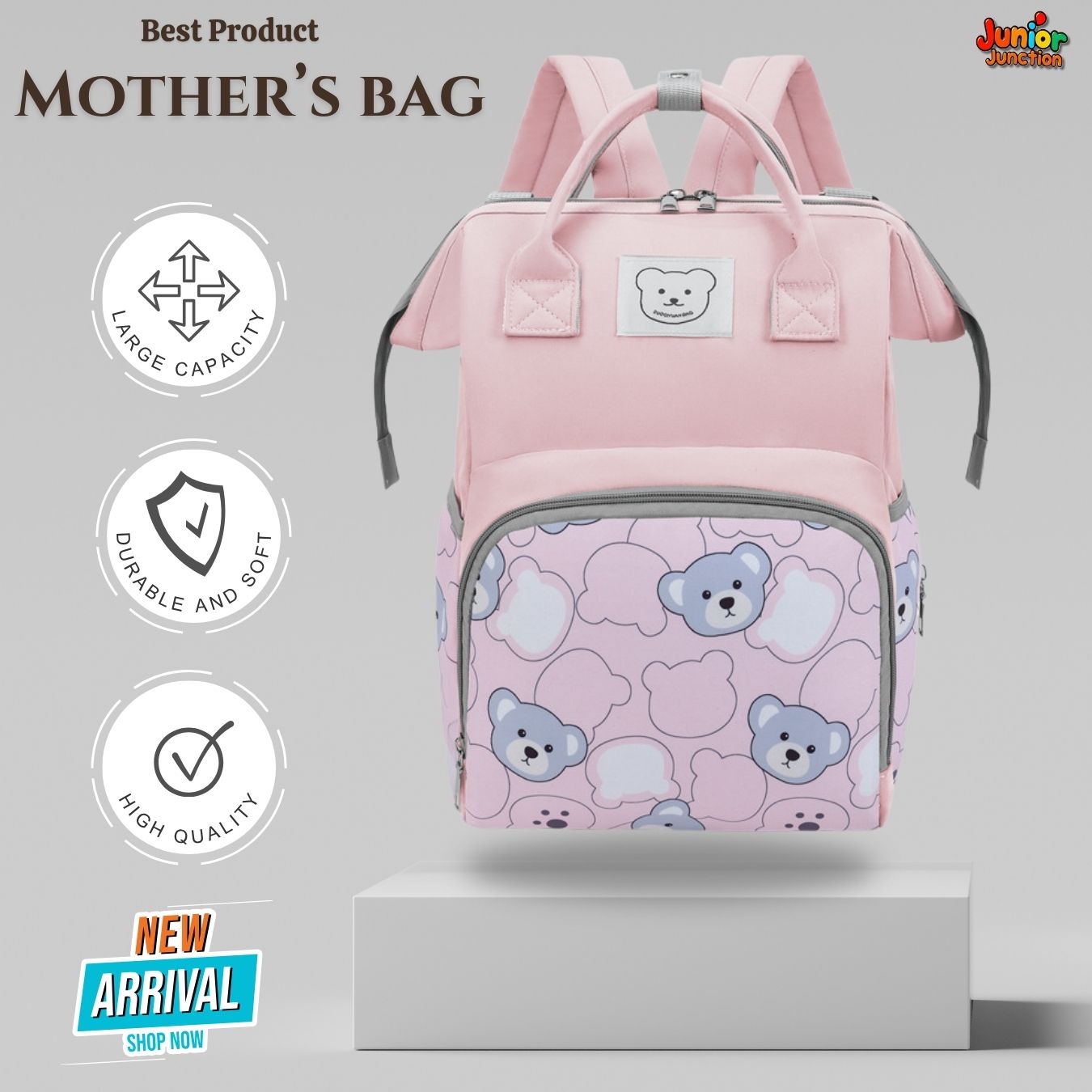 🐻 Pink Teddy Multi-Function Mother’s Bag – Pastel Rose (40cm)