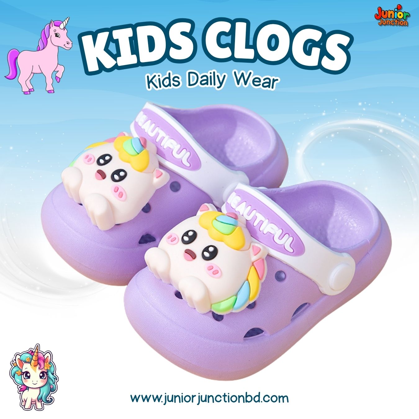 Kids Magical Unicorn Clogs – Soft Purple & White