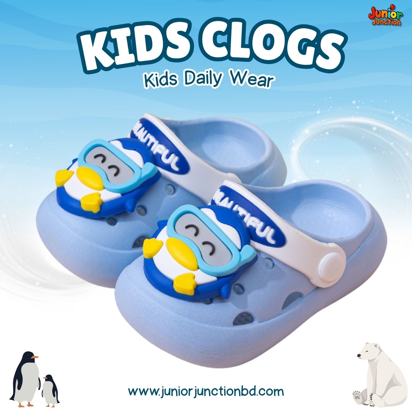 Kids Snorkeling Penguin Clogs – Sky Blue & White