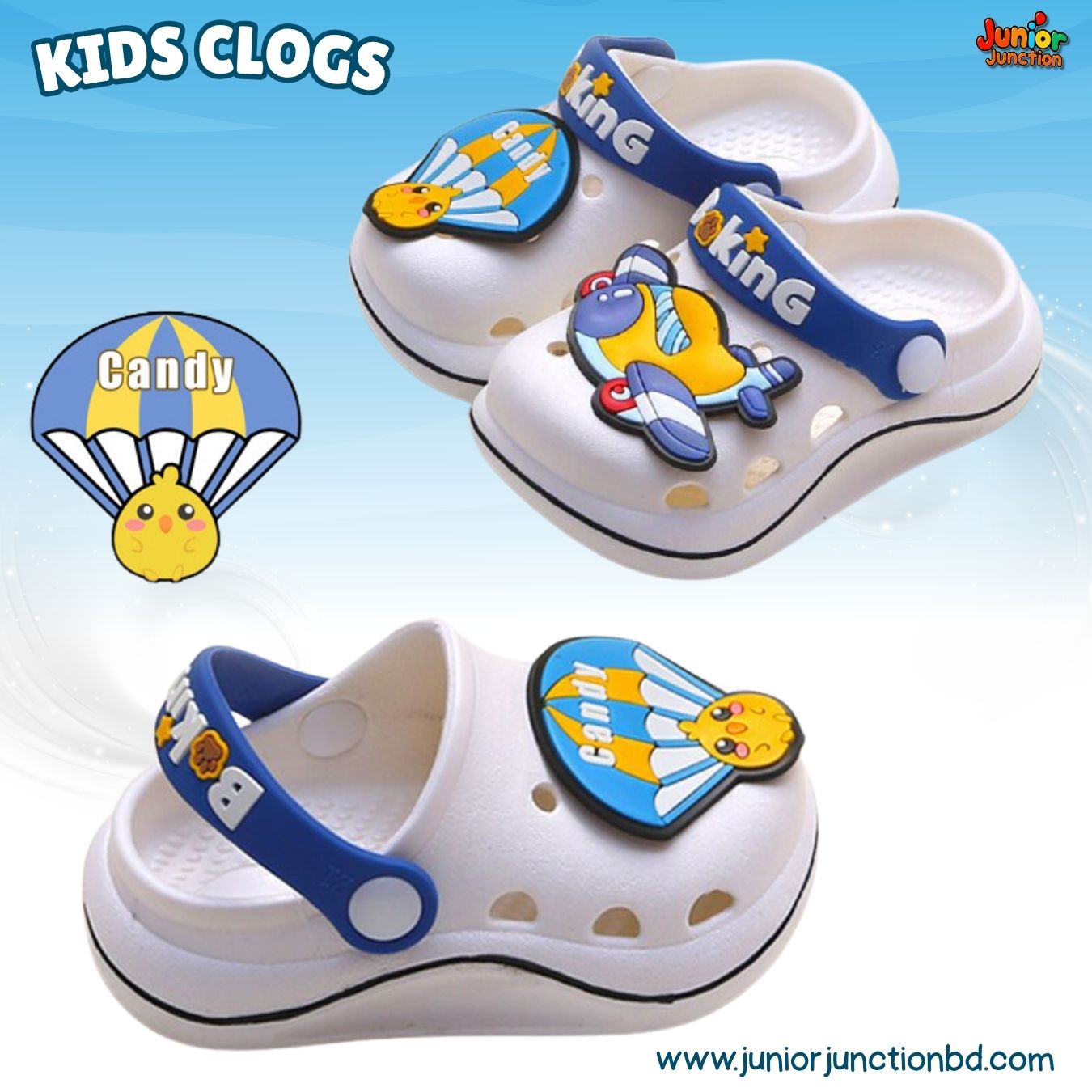 Kids Sky Aviator Clogs – White & Royal Blue