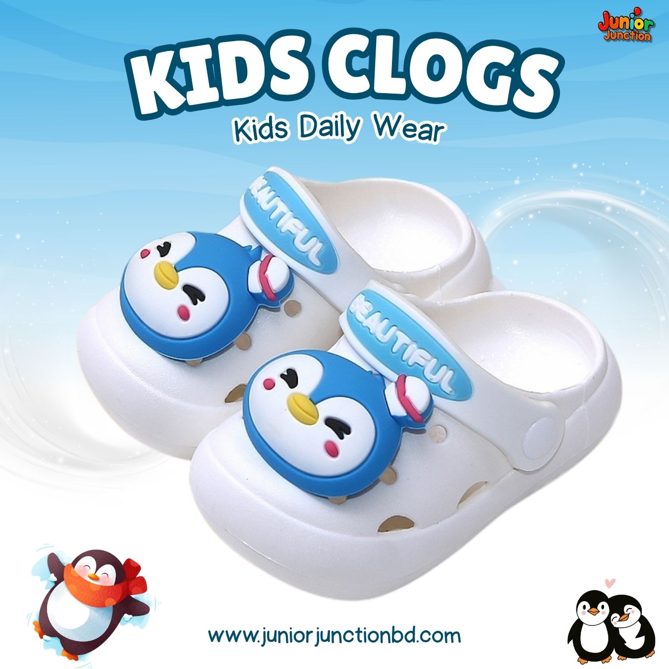 Kids Playful Penguin Clogs – White & Sky Blue