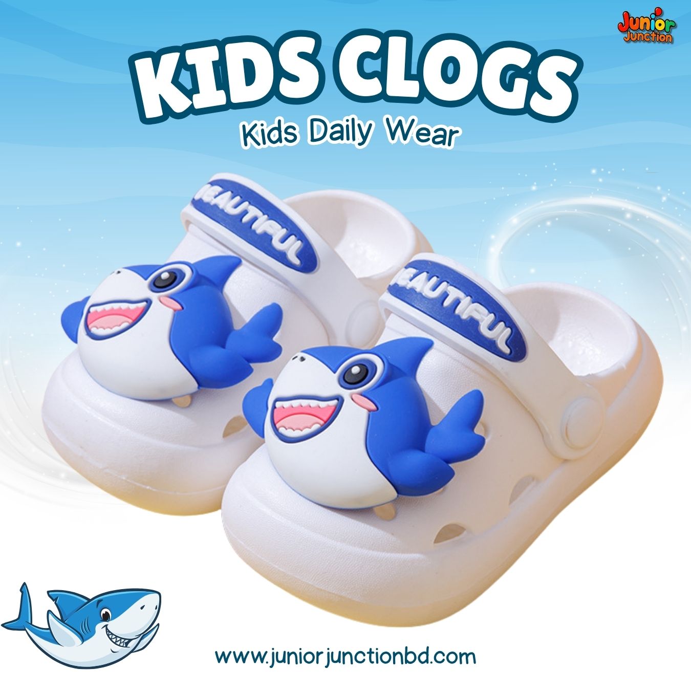 Kids Ocean Shark Clogs – White & Ocean Blue