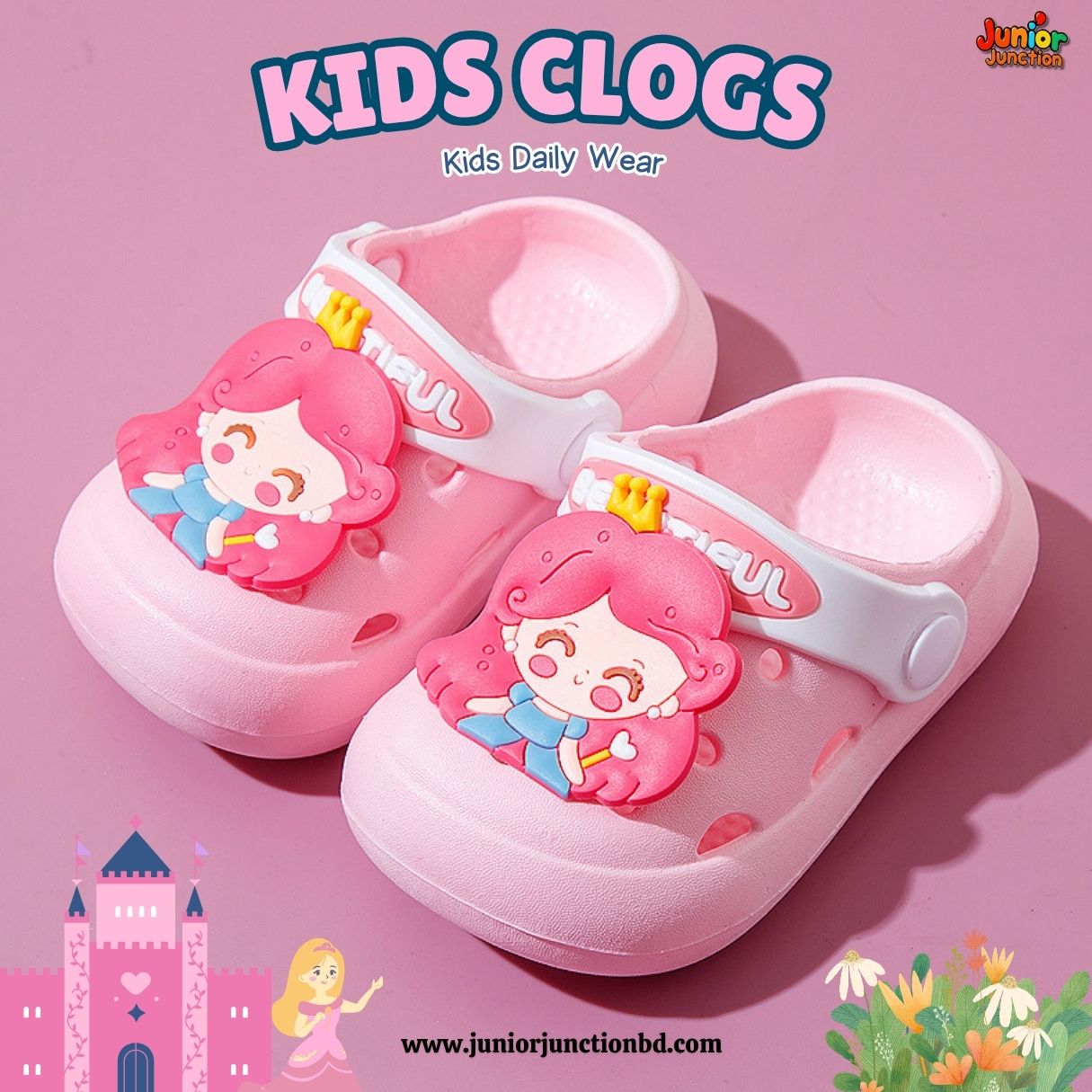 Kids Royal Princess Clogs – Soft Pink & White