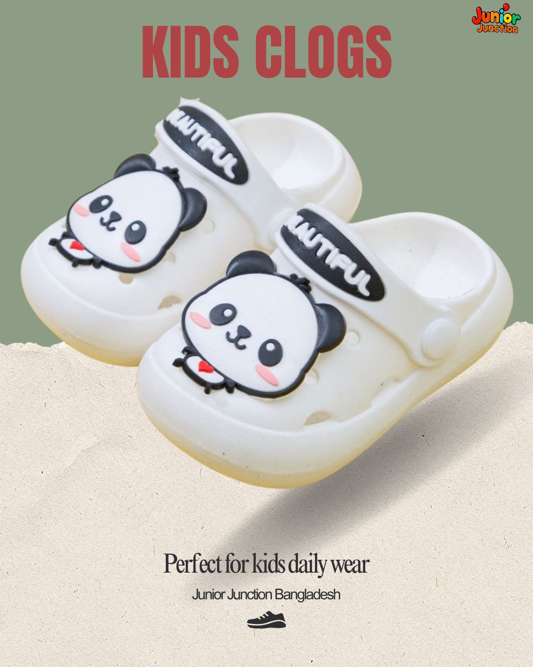 🐼 Kids Playful Panda Clogs – Snow White & Onyx