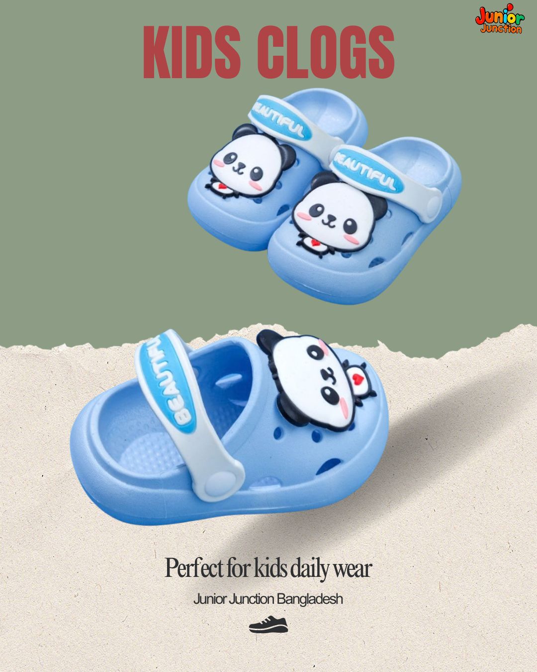 🐼 Kids Playful Panda Clogs – Sky Blue & Snow White