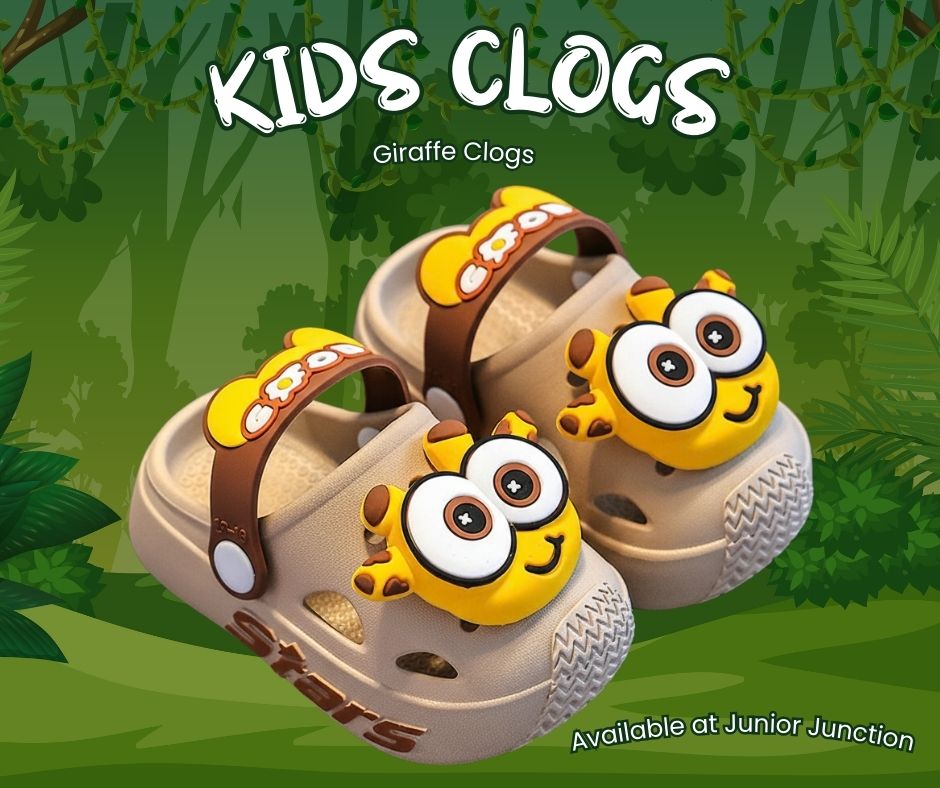 🦒 Kids Playful Giraffe Clogs – Lime Jungle & Earthy Safari
