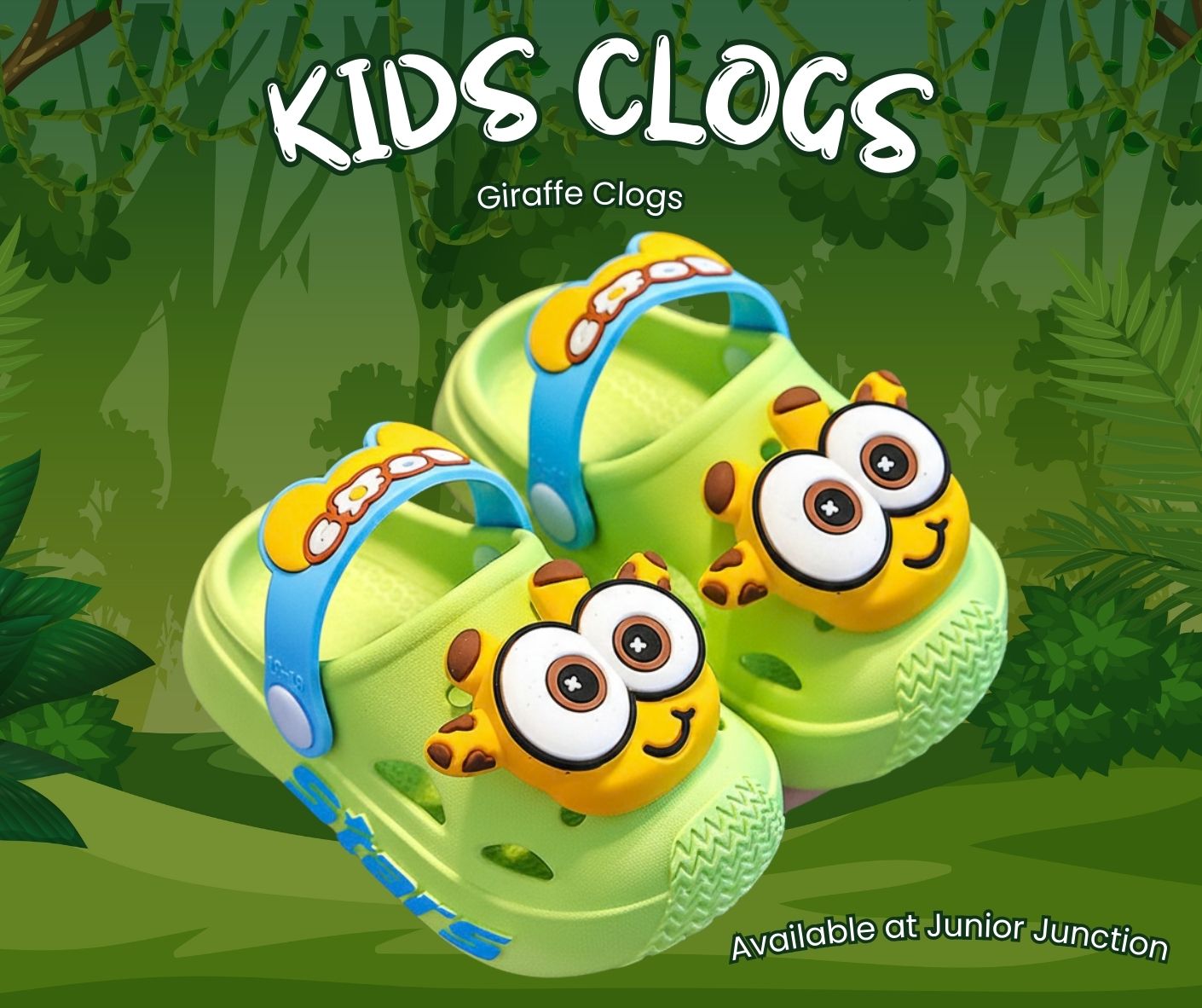 🦒 Kids Playful Giraffe Clogs – Jungle Green & Azure Blue