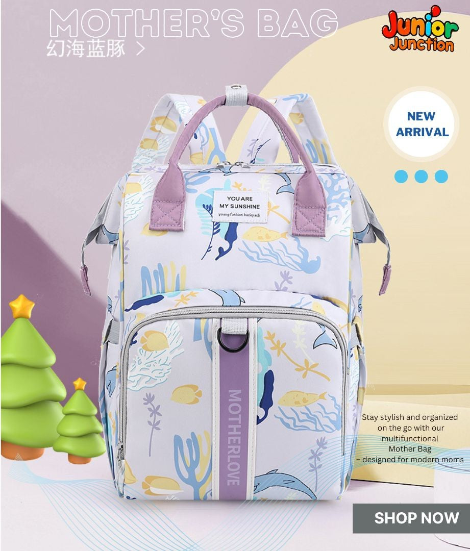 🌊 Ocean Serenity Multi-Function Mother’s Bag – Pastel Aquatic Print (42cm)