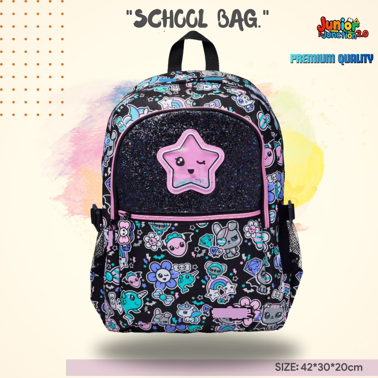 Glitter Star Gothic Pop Kids Backpack (Midnight Black & Pastel Pink) ⭐🖤✨
