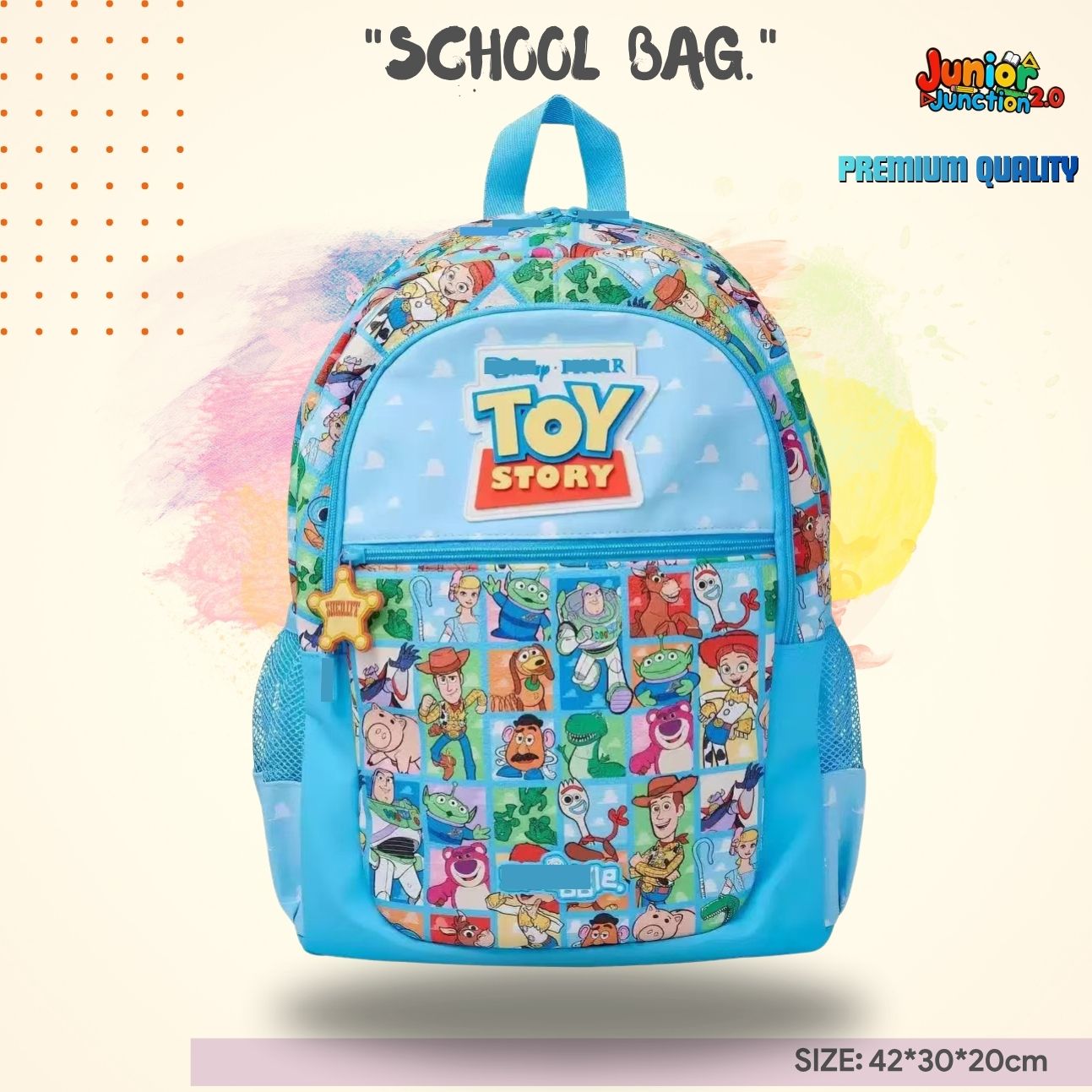 Toy Box Friendship Adventure Kids Backpack (Sky Blue & Cloud White) 🤠🚀 Star-shaped sheriff badge zipper pull.