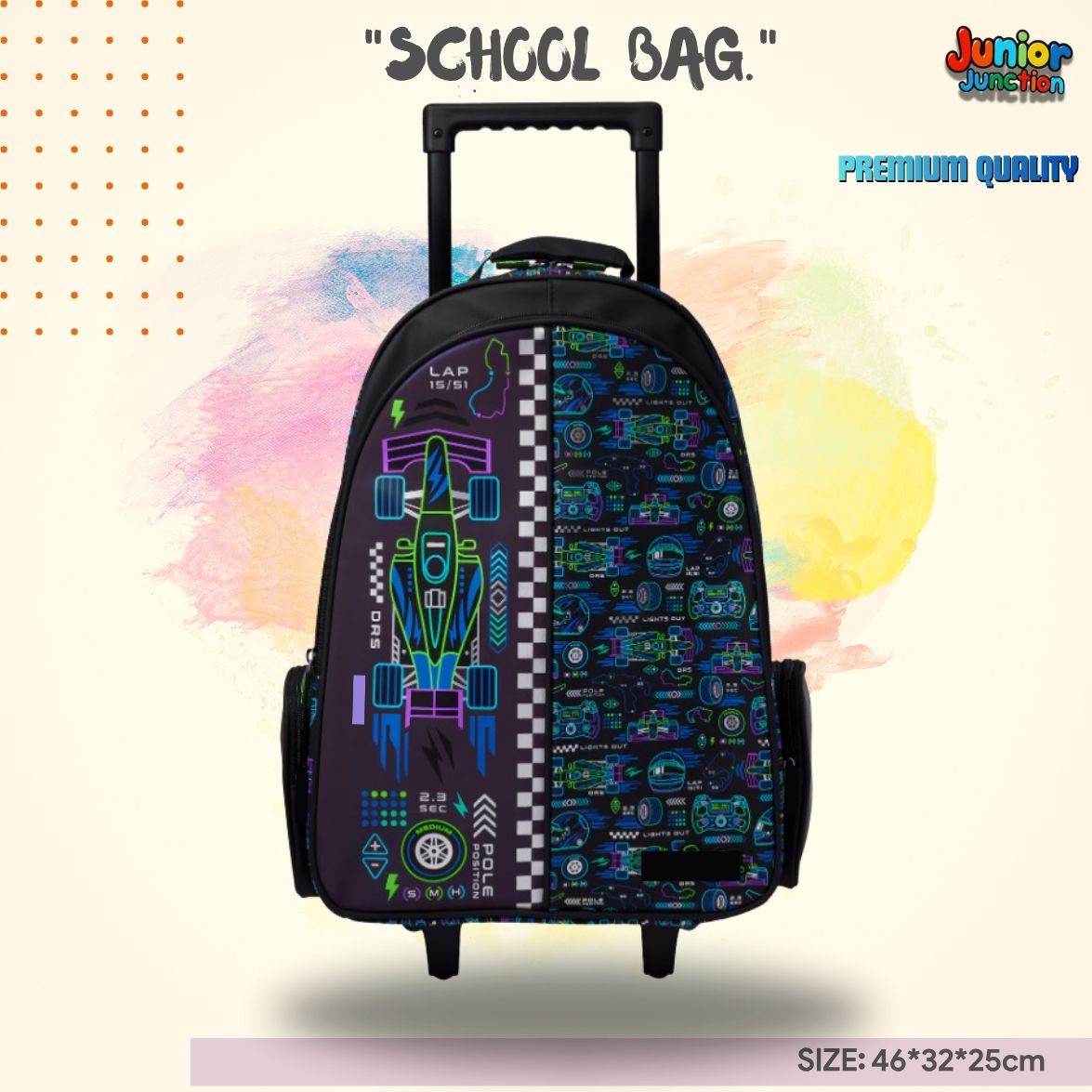 Turbo Race Car Kids Rolling Bag 🏎️⚡ Chequered racing strip and smooth trolley wheels.