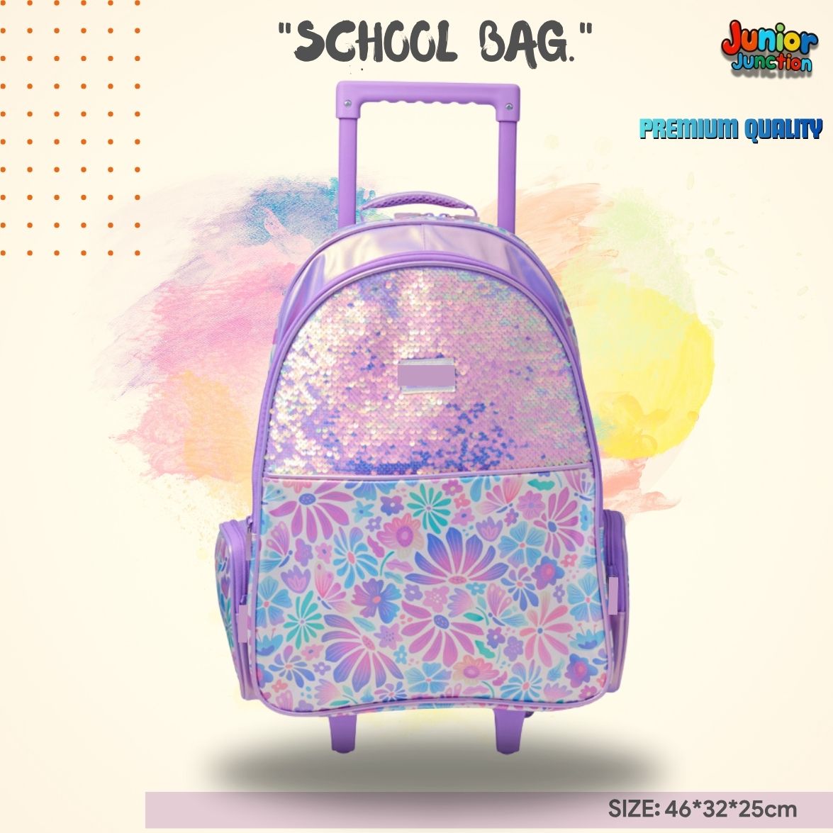 Shimmering Floral Kids Rolling Bag 💜🌸 Reversible sequin panel and smooth trolley wheels.