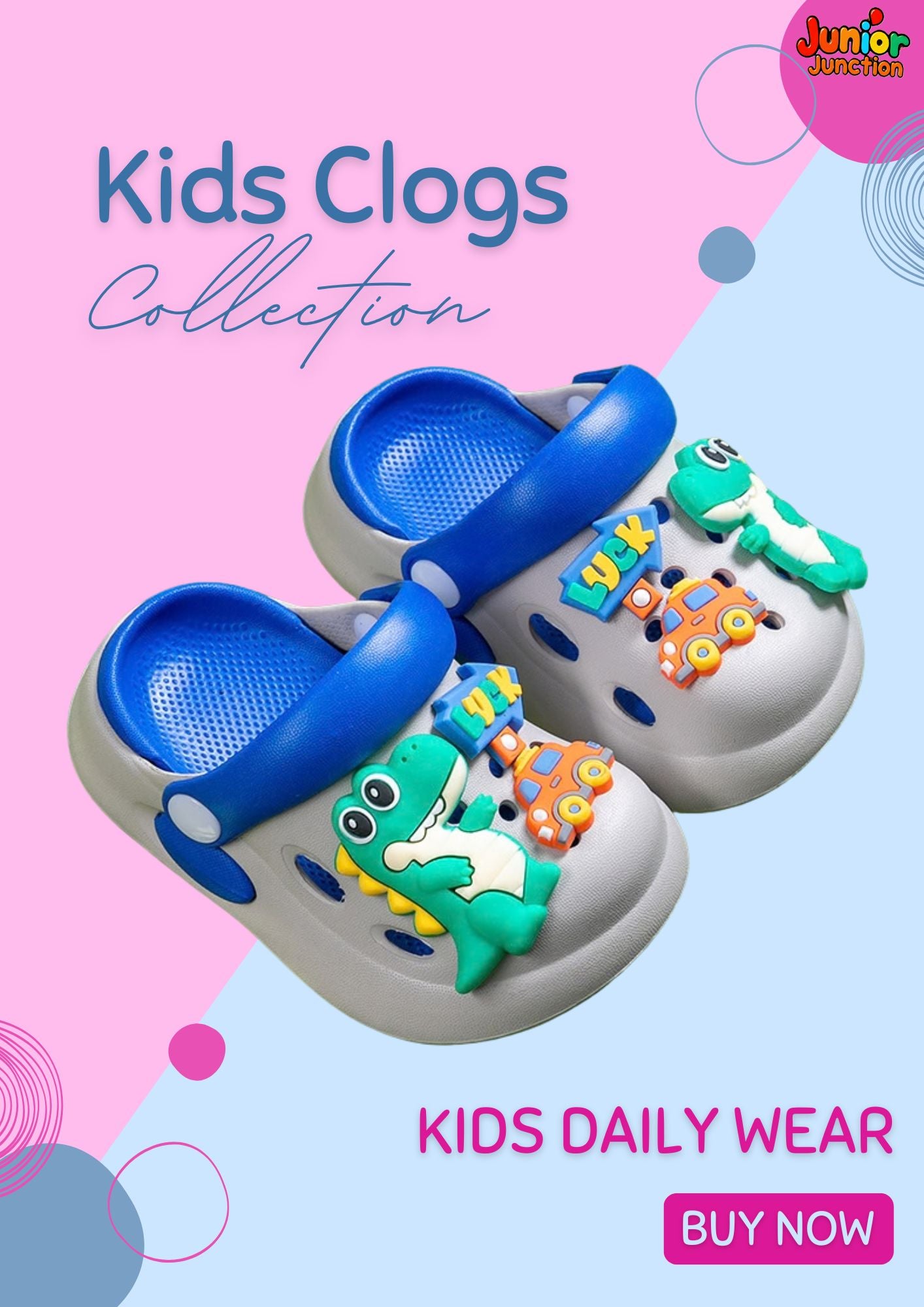 🐊 Kids Dino-Racer Clogs – Cool Gray & Oceanic Blue