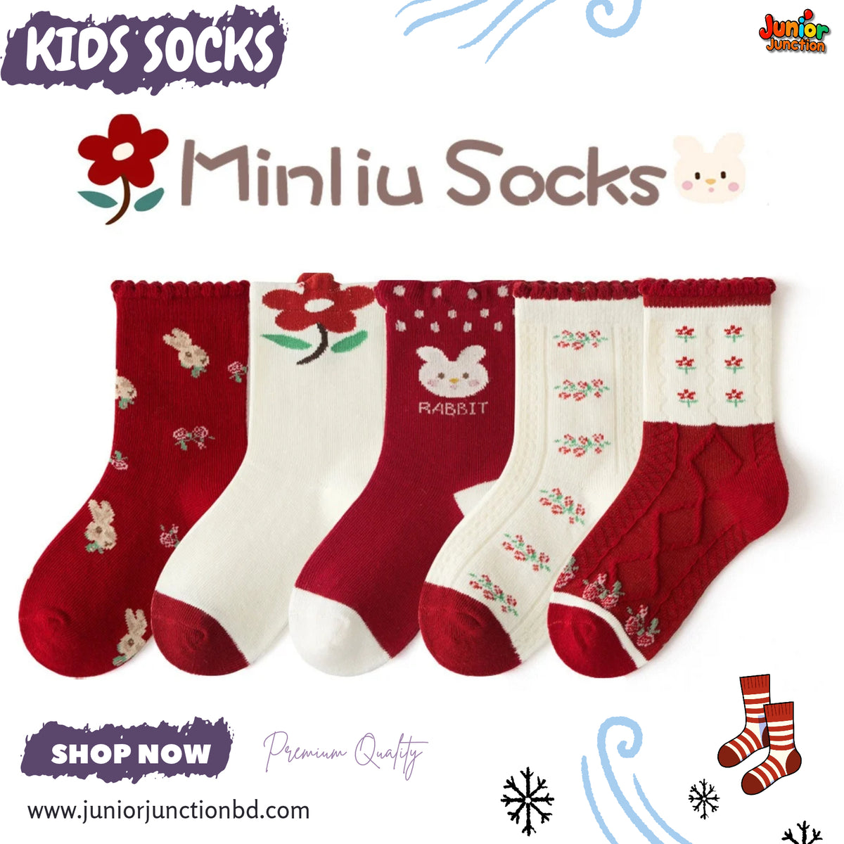 🌹 Cozy Red & Floral Bunny 5-Pair Premium Sock Set