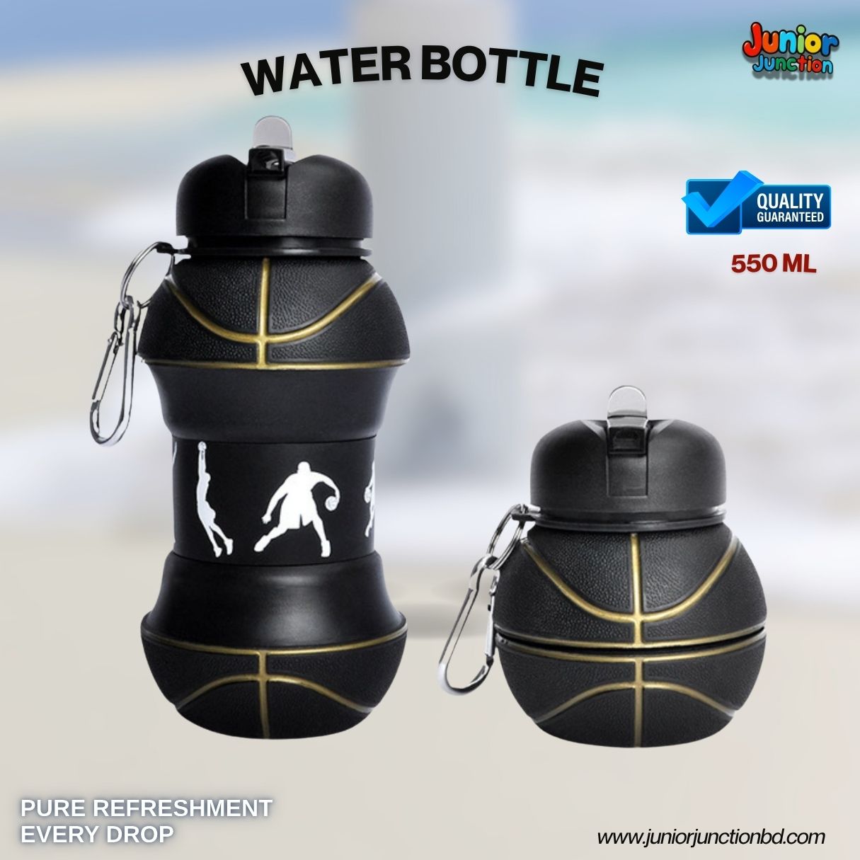 🖤🏆 "All-Star Stealth" Collapsible Basketball Kids Sports Water Bottle (Black & Gold Edition) 🥤
