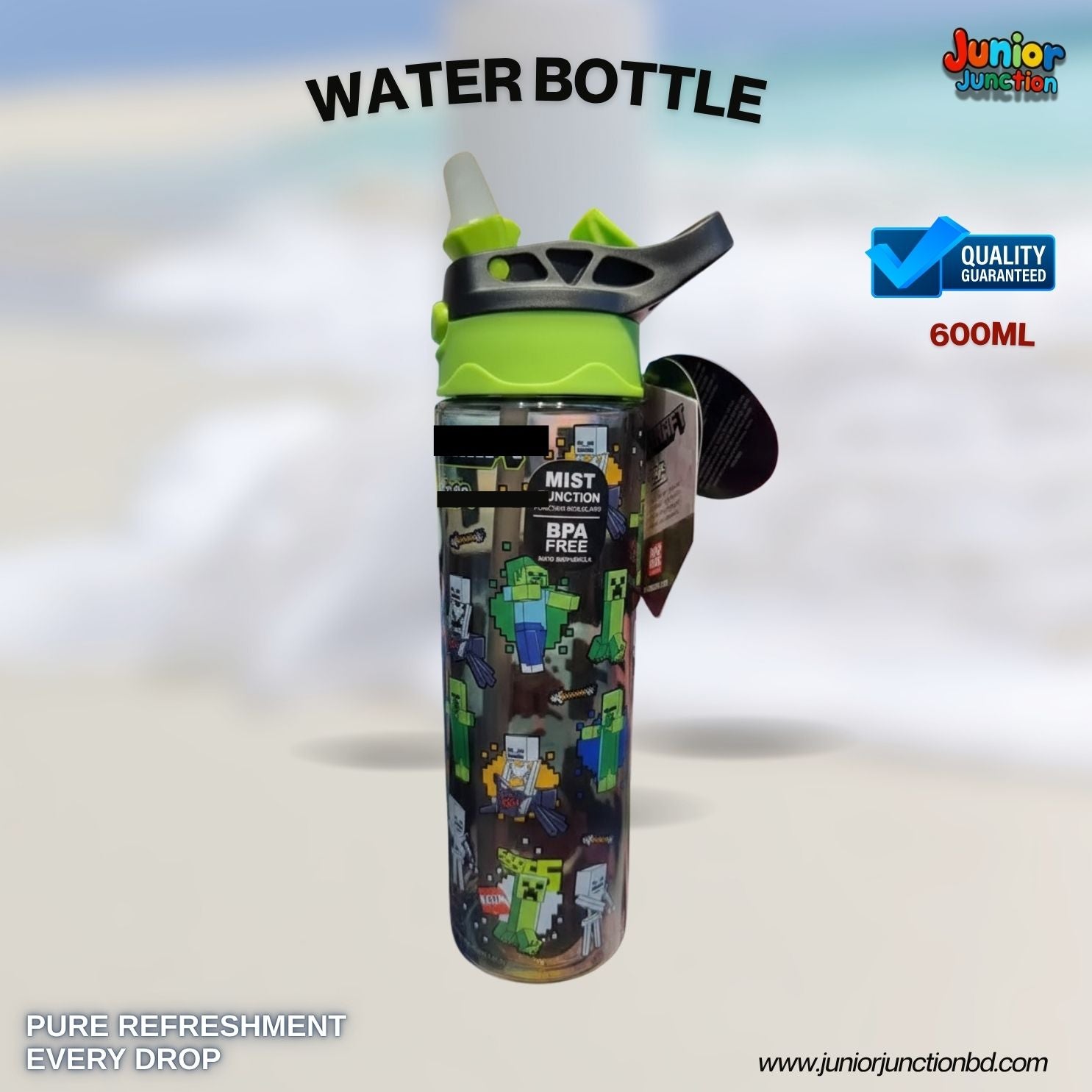 Pixel Block Craft Kids Water Bottle (Neon Green Edition) 🟩🧱