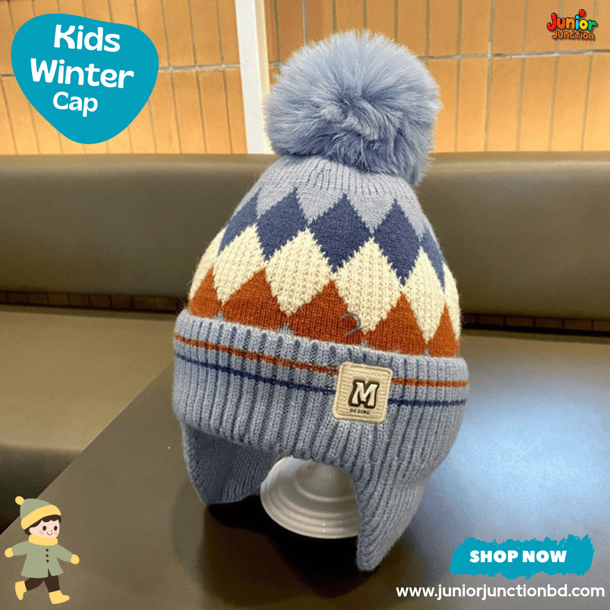 Cool Light Blue Geometric Argyle Earflap Kids Winter Knit Cap