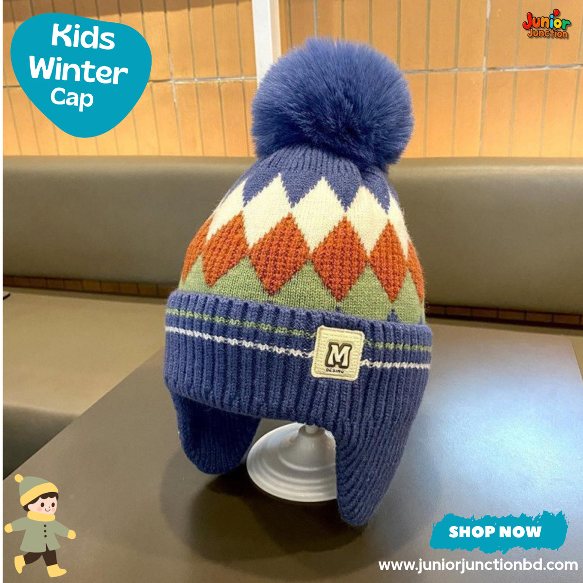 Vibrant Royal Blue Geometric Argyle Earflap Kids Winter Knit Cap