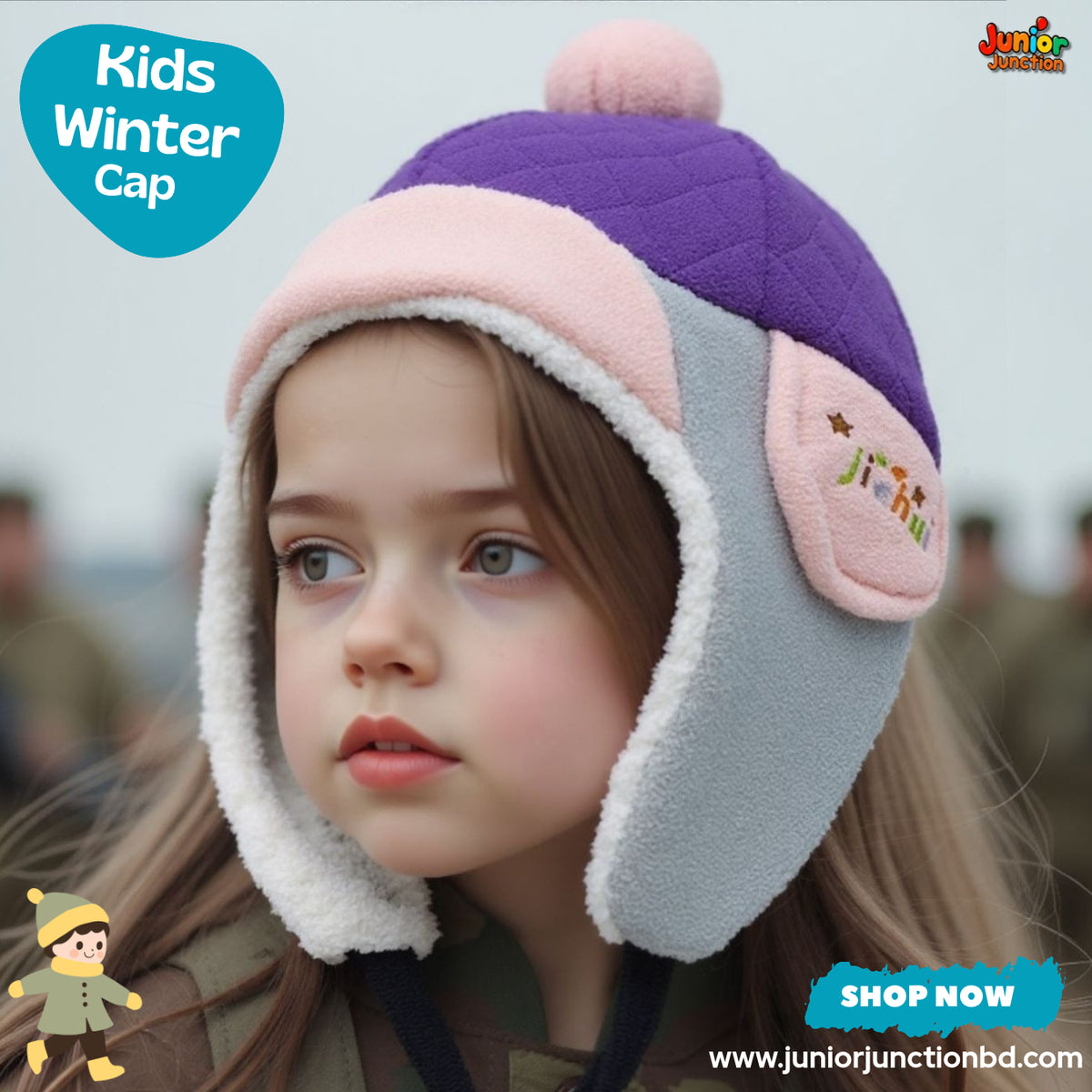 Cozy Purple & Grey Quilted Sherpa Earflap Kids Winter Trapper Cap