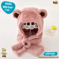 Cute Dusty Pink Bear Ear Kids Plush Hooded Scarf Hat Set