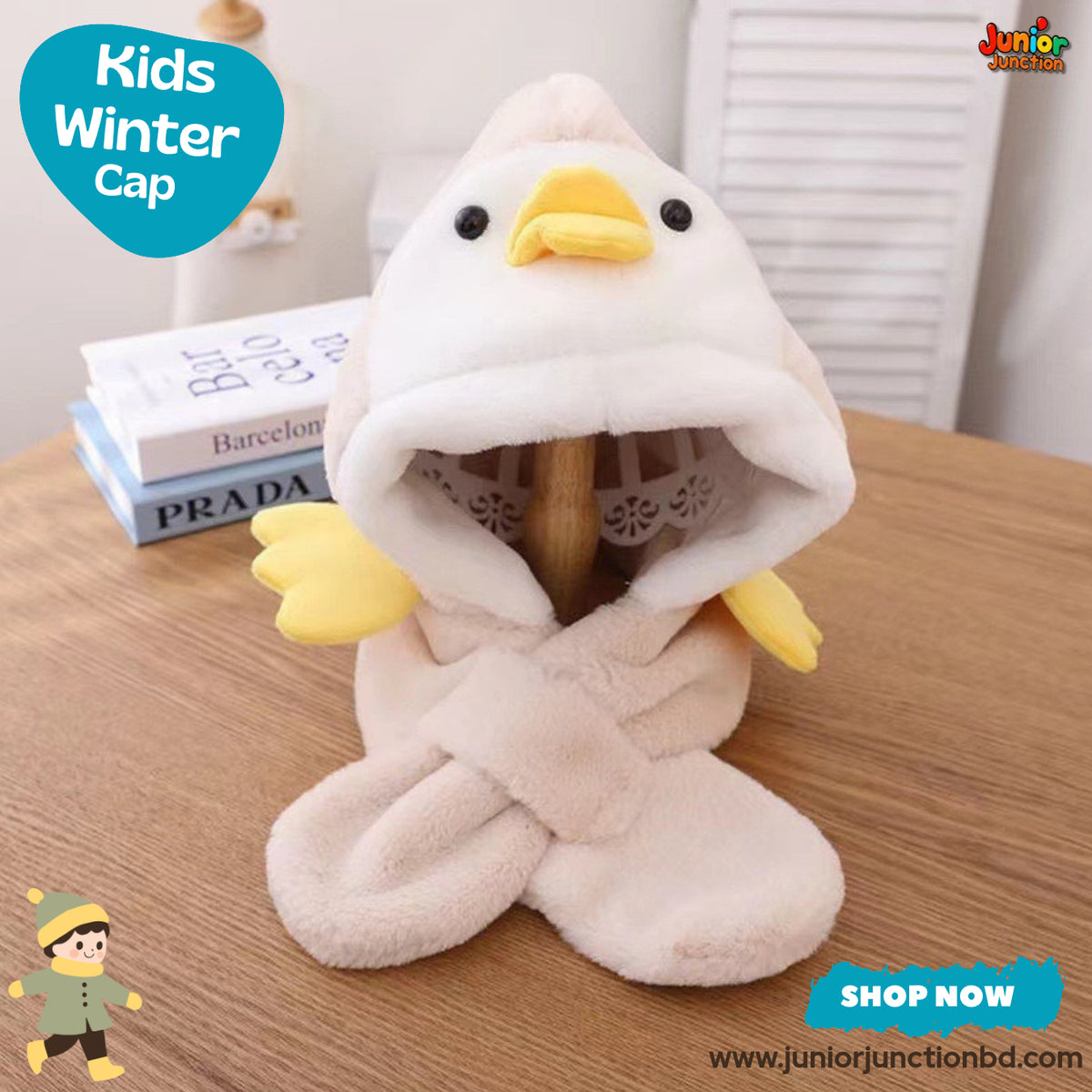 Cute White Duck Character Kids Plush Hooded Scarf Hat