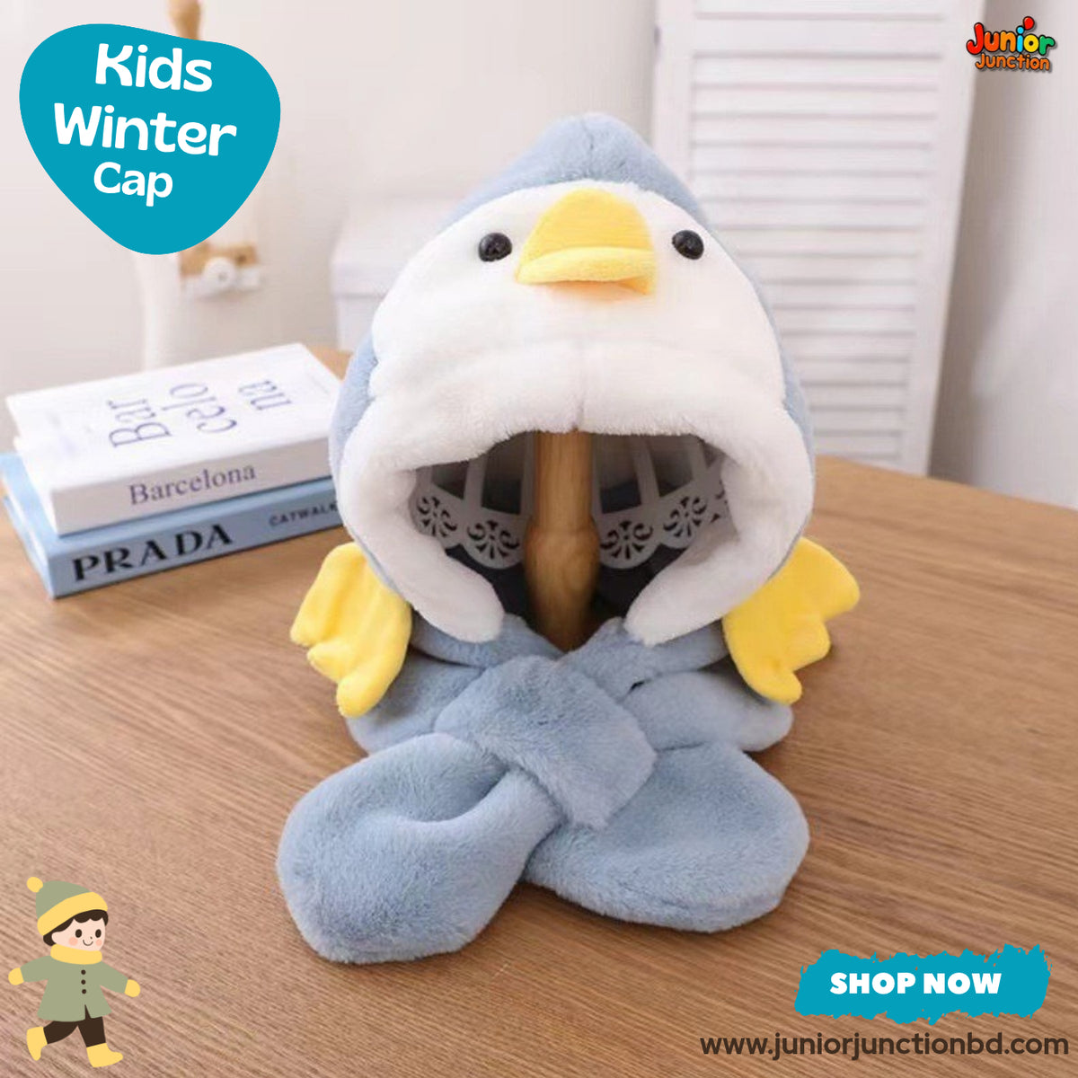 Cute Blue Duck Character Kids Plush Hooded Scarf Hat