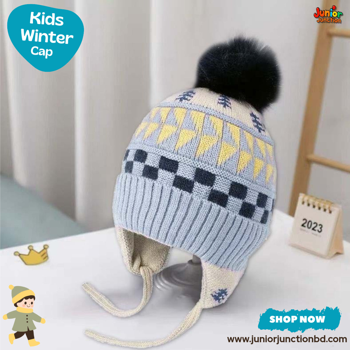 Charming Light Blue Geometric Patterned Earflap Kids Winter Knit Cap