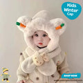 Cute Off-White Bunny & Carrot Kids Plush Hooded Scarf Hat Set