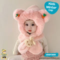 Cute Pink Bunny & Carrot Kids Plush Hooded Scarf Hat Set