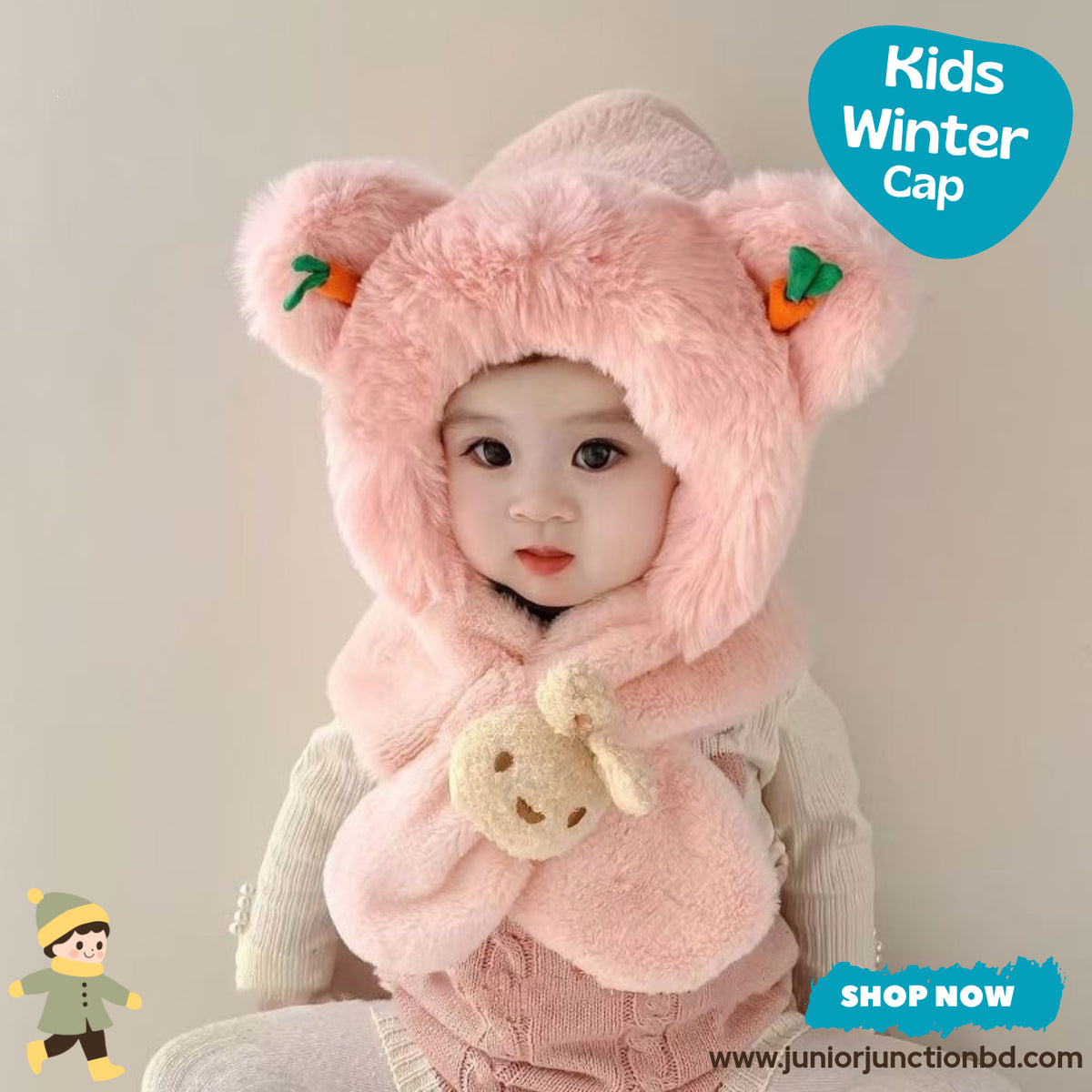 Cute Pink Bunny & Carrot Kids Plush Hooded Scarf Hat Set