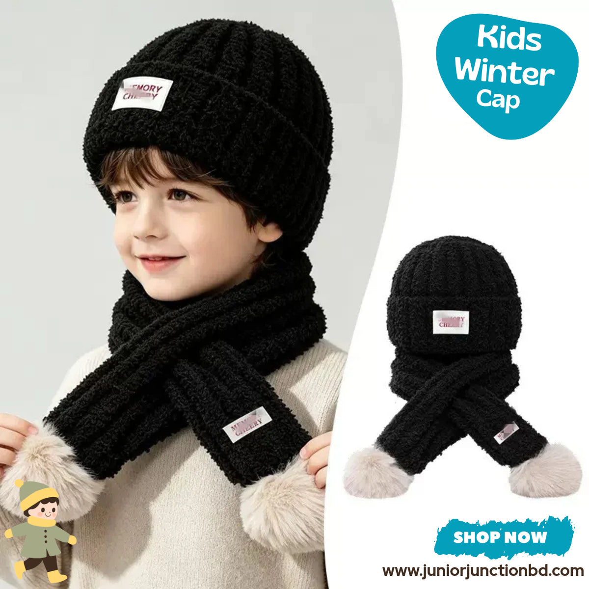 Cozy Classic Black Knit Beanie & Pom-Pom Scarf Winter Set