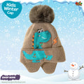 Fun Khaki Dinosaur Knit Earflap Beanie with Faux-Fur Pom-Pom