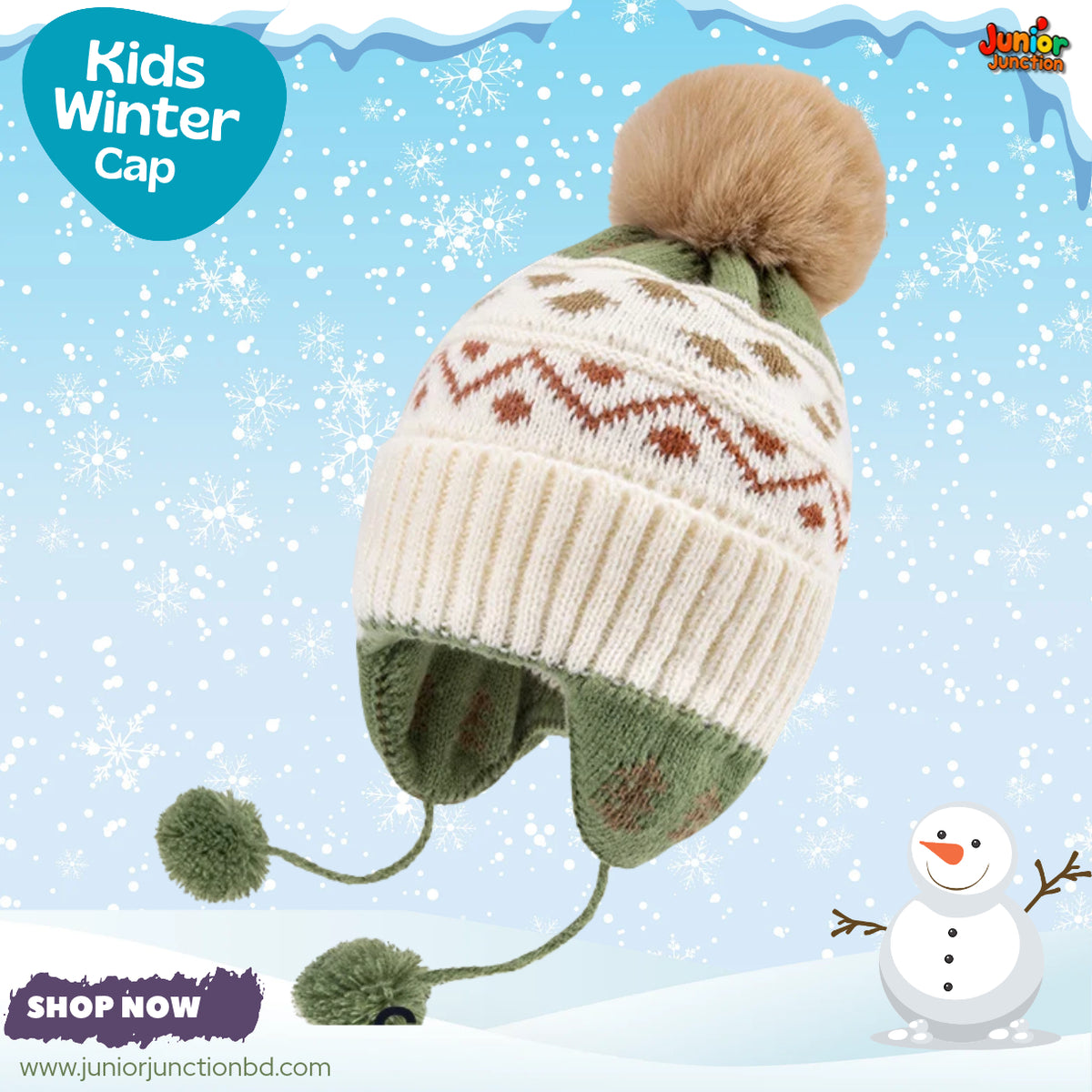 Lovely Olive Green Patterned Earflap Kids Winter Knit Cap