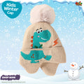 Fun Beige Dinosaur Knit Earflap Beanie with Faux-Fur Pom-Pom