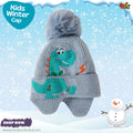 Fun Grey Dinosaur Knit Earflap Beanie with Faux-Fur Pom-Pom