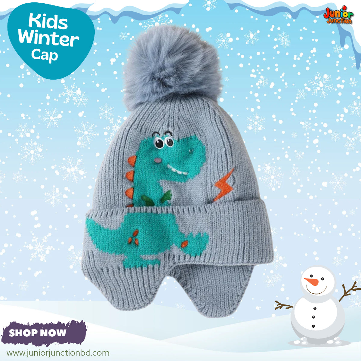 Fun Grey Dinosaur Knit Earflap Beanie with Faux-Fur Pom-Pom