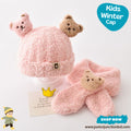 Cute Pink Teddy Bear Kids Plush Beanie & Scarf Set