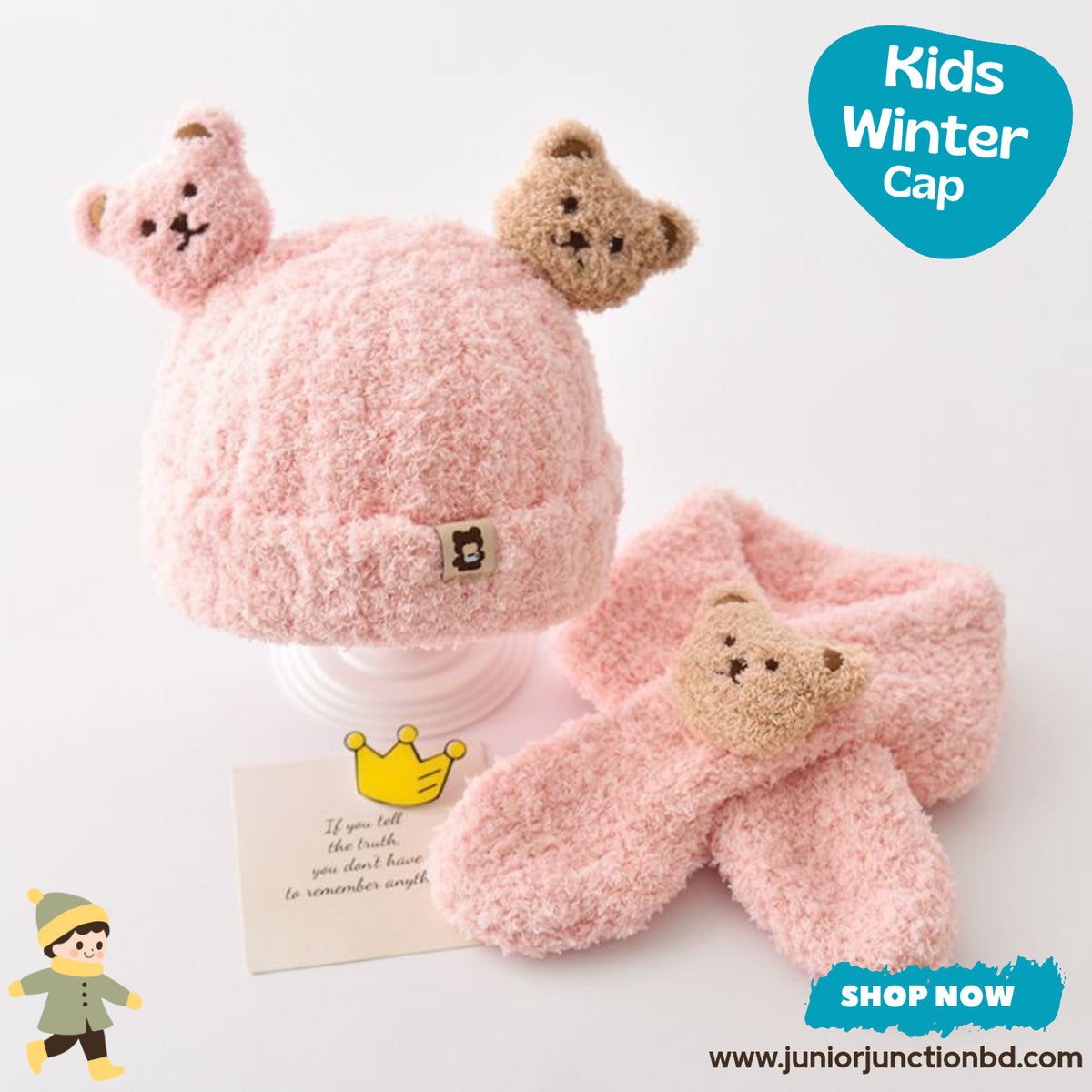 Cute Pink Teddy Bear Kids Plush Beanie & Scarf Set