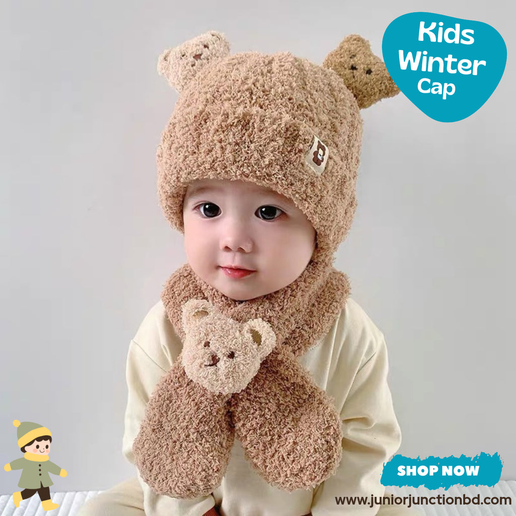 Cute Brown Teddy Bear Kids Plush Beanie & Scarf Set