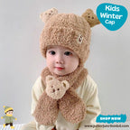 Cute Brown Teddy Bear Kids Plush Beanie & Scarf Set